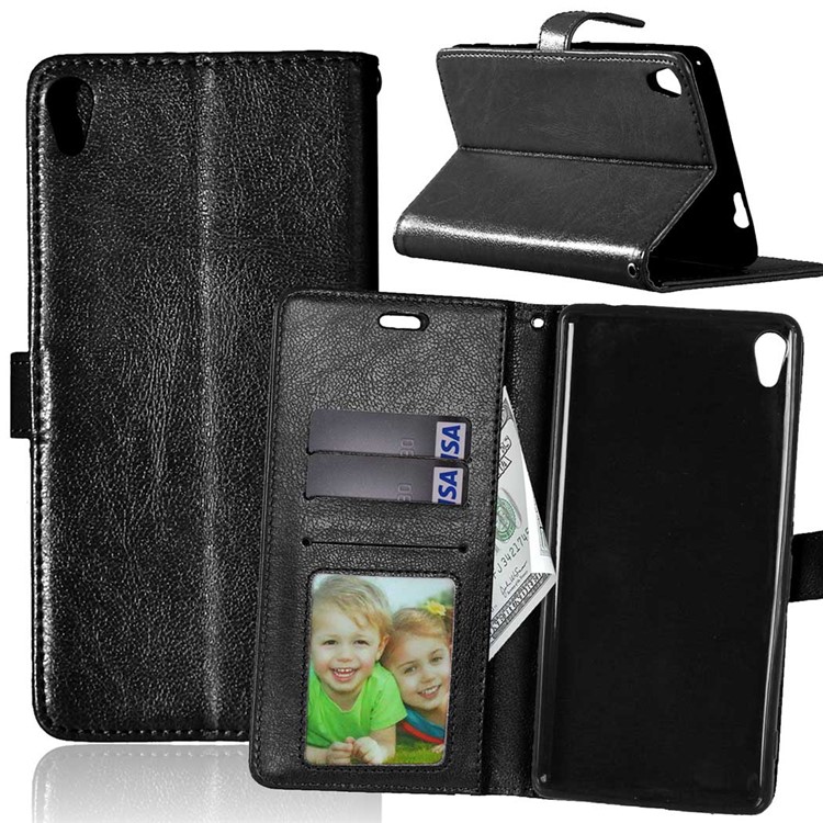 For Sony Xperia XA Ultra Crazy Horse Wallet 3 Card Slots Leather Stand Case - Black-1
