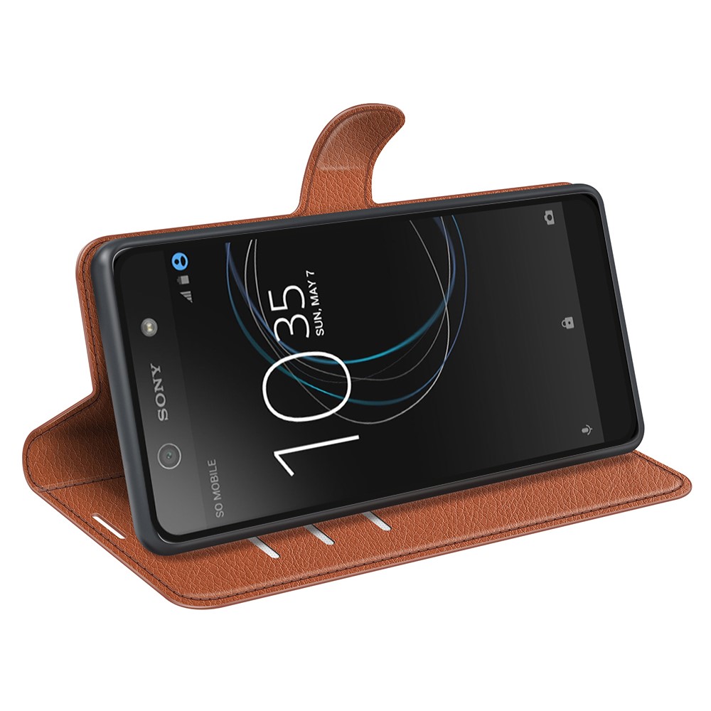 Porte-carte de Carte de Support de Carter en Cuir à Grain Litchi Pour Sony Xperia XA1 - Brun