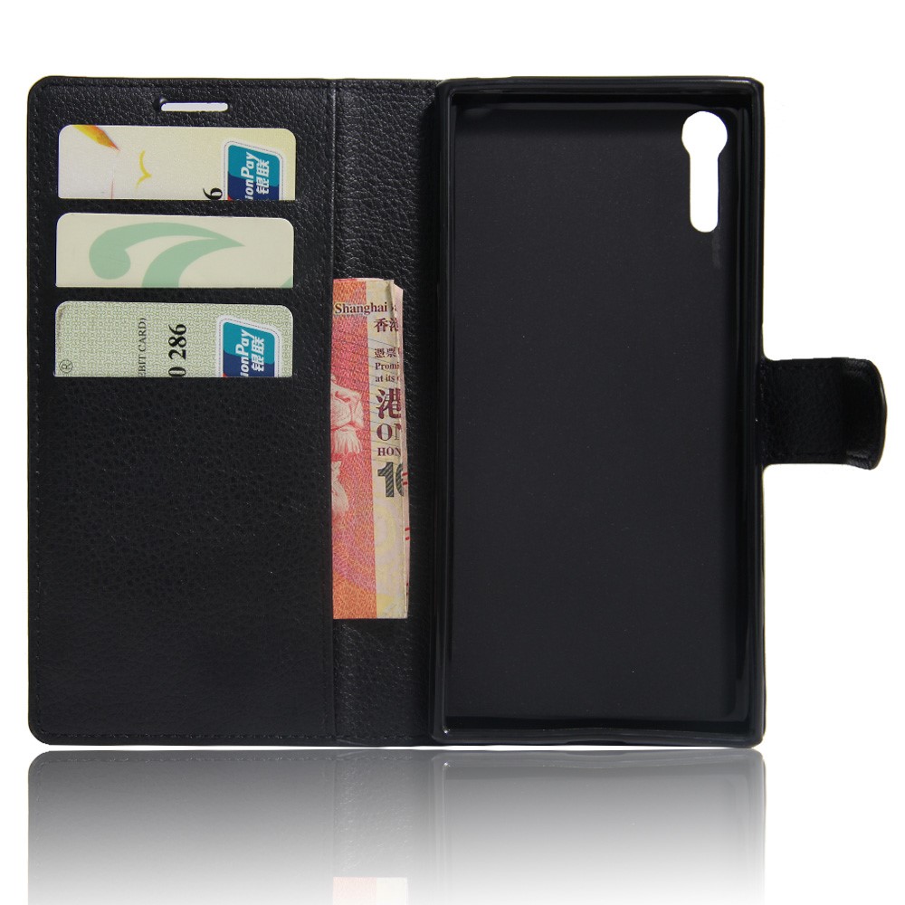 Litchi Grão Wallet Stand Case telefone de couro para Sony Xperia XZs / XZ - Preto-3