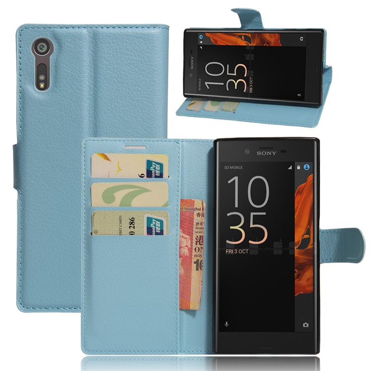 Per Sony Xperia XZs / XZ Litchi Custodia per supporto per schede di copertura in pelle di grano - blu-1