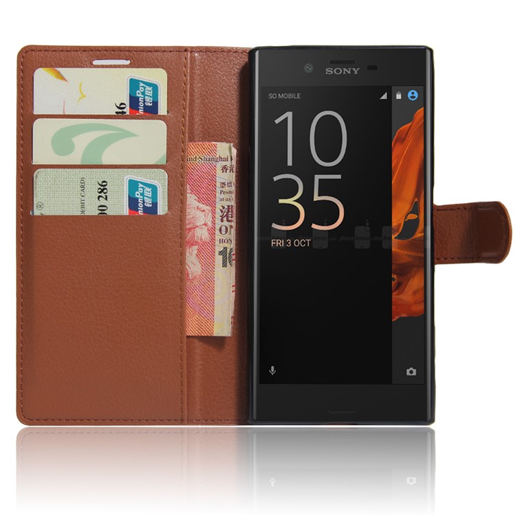 Litchi Grain Wallet Stand Couro Capa De Casamento Móvel Para Sony Xperia XZS / XZ. - Castanho-2