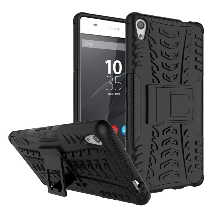 For Sony Xperia XA Ultra Tyre Pattern Kickstand PC + TPU Hybrid Case Cover - Black-1