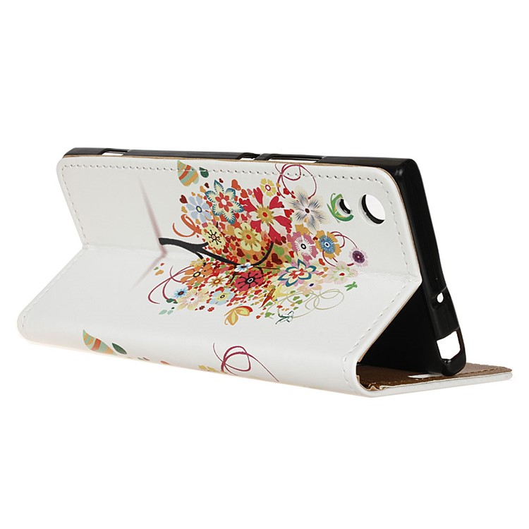 Pattern Printing Leather Wallet Case for Sony Xperia XA1 - Colorful Flowers Tree-4