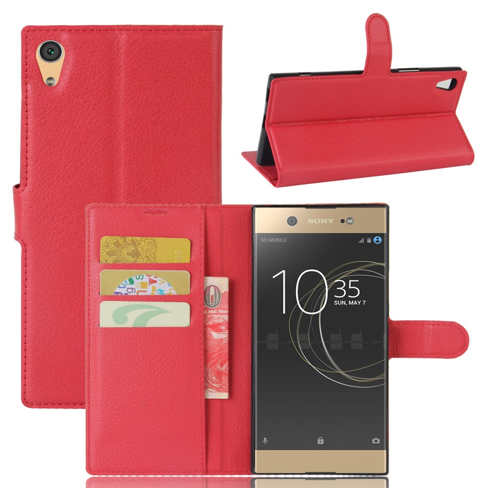 Litchi Skin Leather Card Holder Case for Sony Xperia XA1 Ultra - Red-1