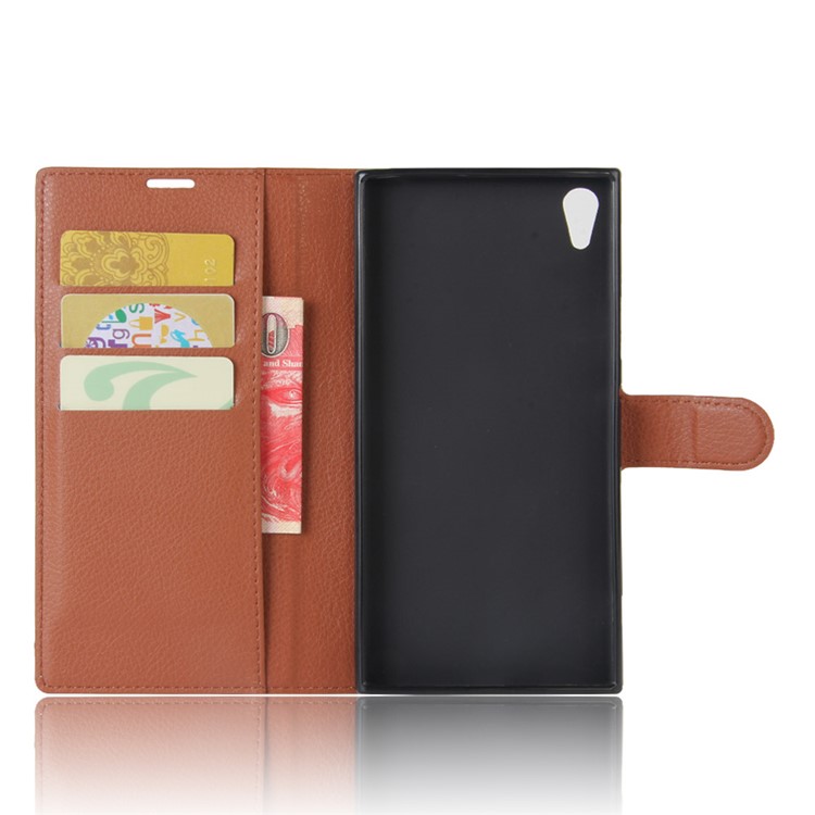 Litchi Skin Leather Wallet Case Accessory for Sony Xperia XA1 Ultra - Brown-3