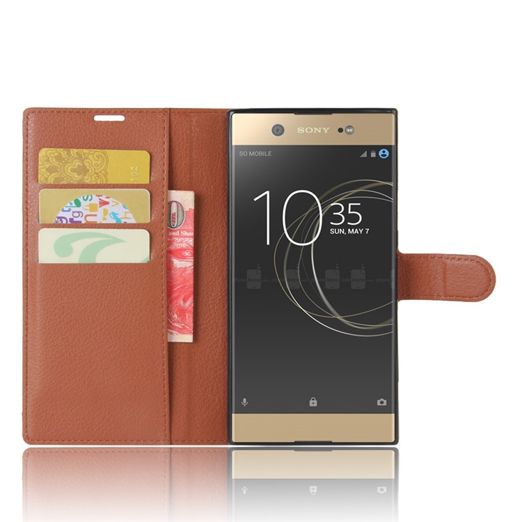 Litchi Skin Leather Wallet Case Accessory for Sony Xperia XA1 Ultra - Brown-4