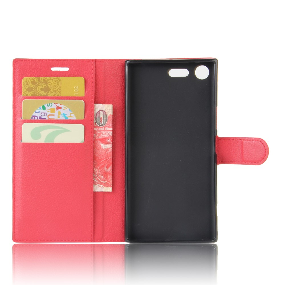 Litchi Skin Wallet Leather Folio Case for Sony Xperia XZ Premium - Red-3