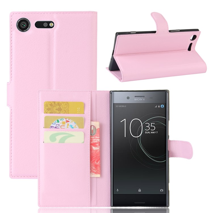 Litchi Skin Leather Stand Cover with Card Slots for Sony Xperia XZ Premium - Pink-1
