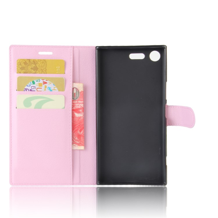 Litchi Skin Leather Stand Cover with Card Slots for Sony Xperia XZ Premium - Pink-3