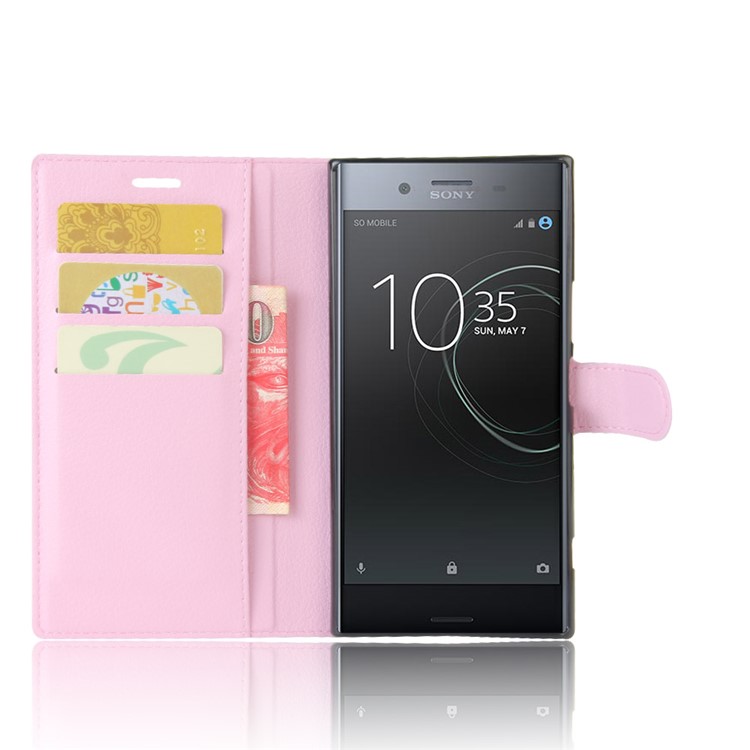 Litchi Skin Leather Stand Cover with Card Slots for Sony Xperia XZ Premium - Pink-4