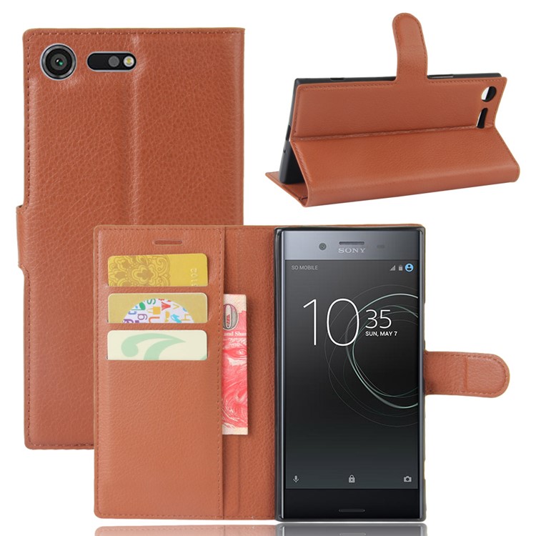 Litchi Skin Wallet Leather Protective Case for Sony Xperia XZ Premium - Brown-1