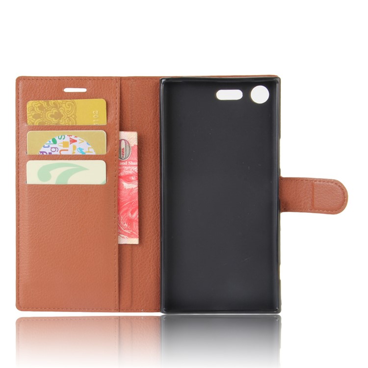 Litchi Skin Wallet Leather Protective Case for Sony Xperia XZ Premium - Brown-3