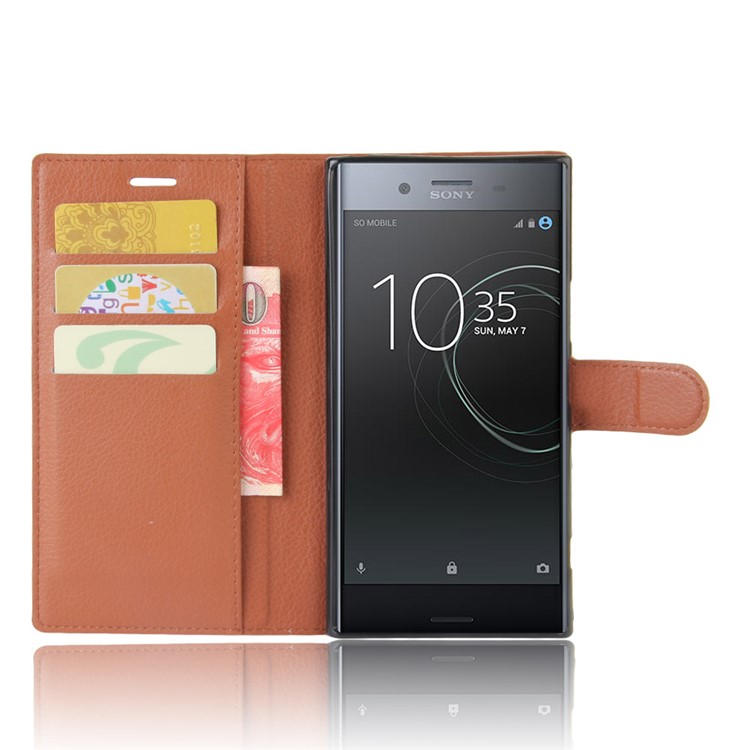 Litchi Skin Wallet Leather Protective Case for Sony Xperia XZ Premium - Brown-4