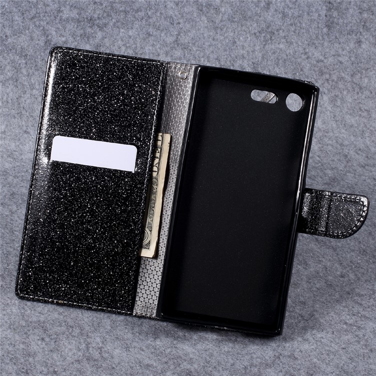 Glittery Smooth Leather Stand Wallet Case for Sony Xperia XZ Premium - Black-10