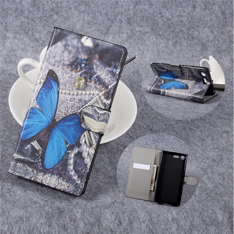 Patterned Leather Wallet Stand Mobile Phone Case for Sony Xperia XZ Premium - Blue Butterfly-1
