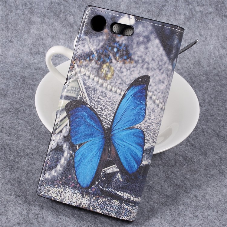 Patterned Leather Wallet Stand Mobile Phone Case for Sony Xperia XZ Premium - Blue Butterfly-2