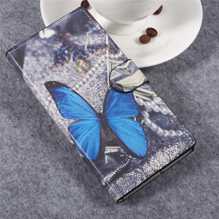 Patterned Leather Wallet Stand Mobile Phone Case for Sony Xperia XZ Premium - Blue Butterfly-3