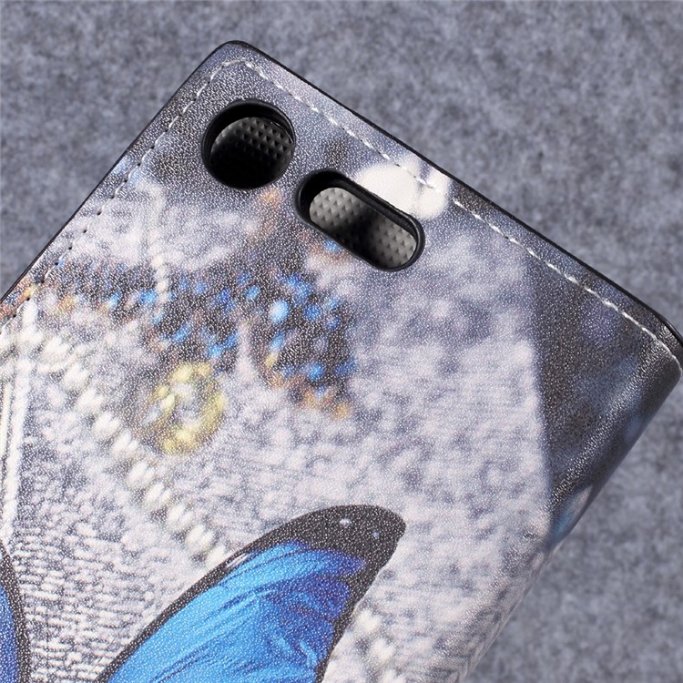 Patterned Leather Wallet Stand Mobile Phone Case for Sony Xperia XZ Premium - Blue Butterfly-5