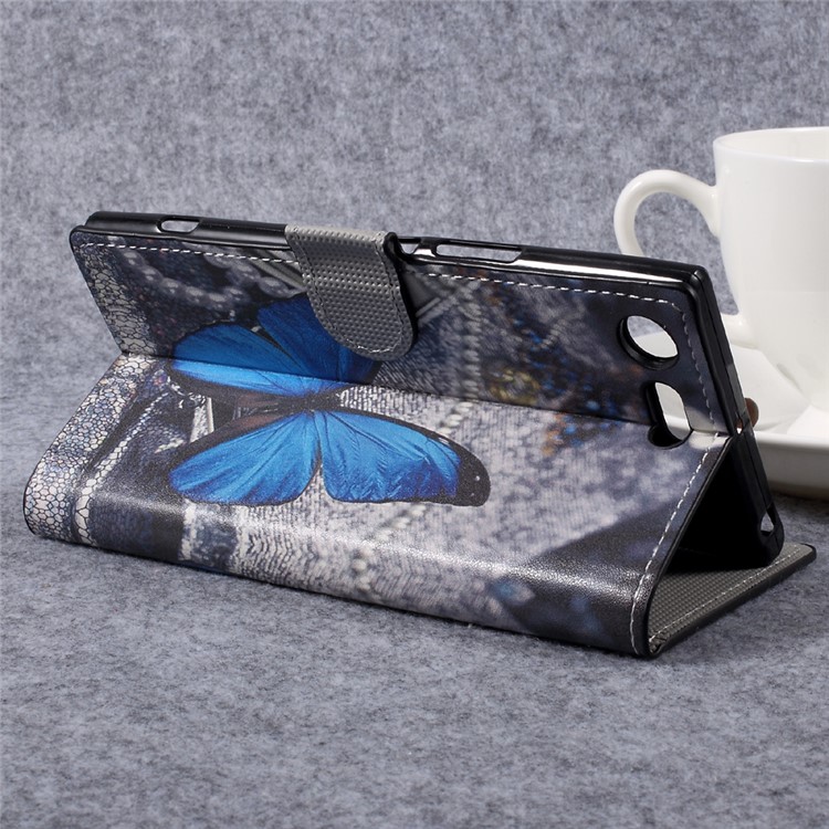 Patterned Leather Wallet Stand Mobile Phone Case for Sony Xperia XZ Premium - Blue Butterfly-9