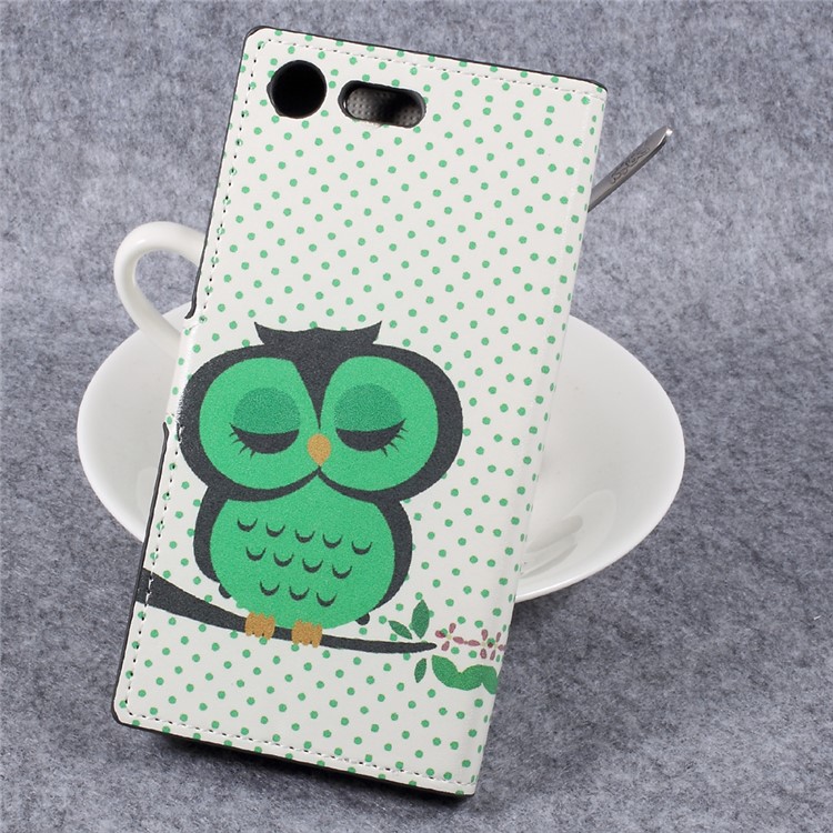Magnetic Patterned Leather Stand Wallet Case for Sony Xperia XZ Premium - Green Owl Sleeping on the Branch-2