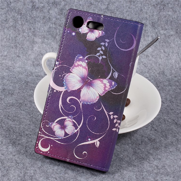 For Sony Xperia XZ Premium Patterned Leather Wallet Mobile Phone Case with Stand - Purple Butterflies-2