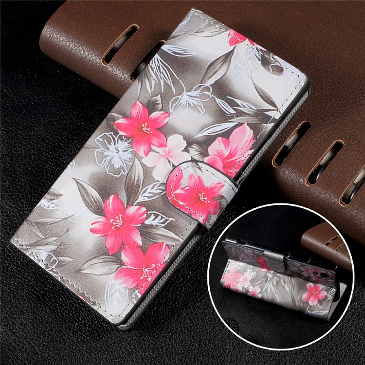 Patterned Leather Wallet Stand Mobile Phone Case for Sony Xperia XA1 - Red Blooming Flowers-1