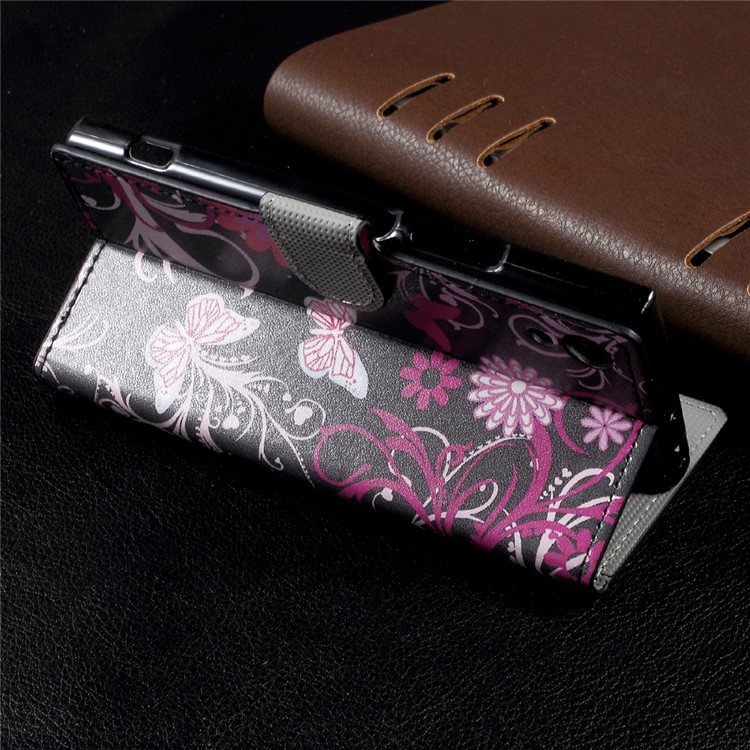Patterned Leather Wallet Shell with Stand for Sony Xperia XA1 - Floral Butterflies-4
