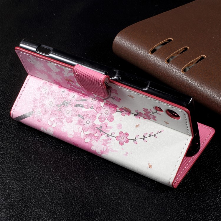 Patterned Leather Wallet Mobile Phone Case with Stand for Sony Xperia XA1 - Plum Blossom-4