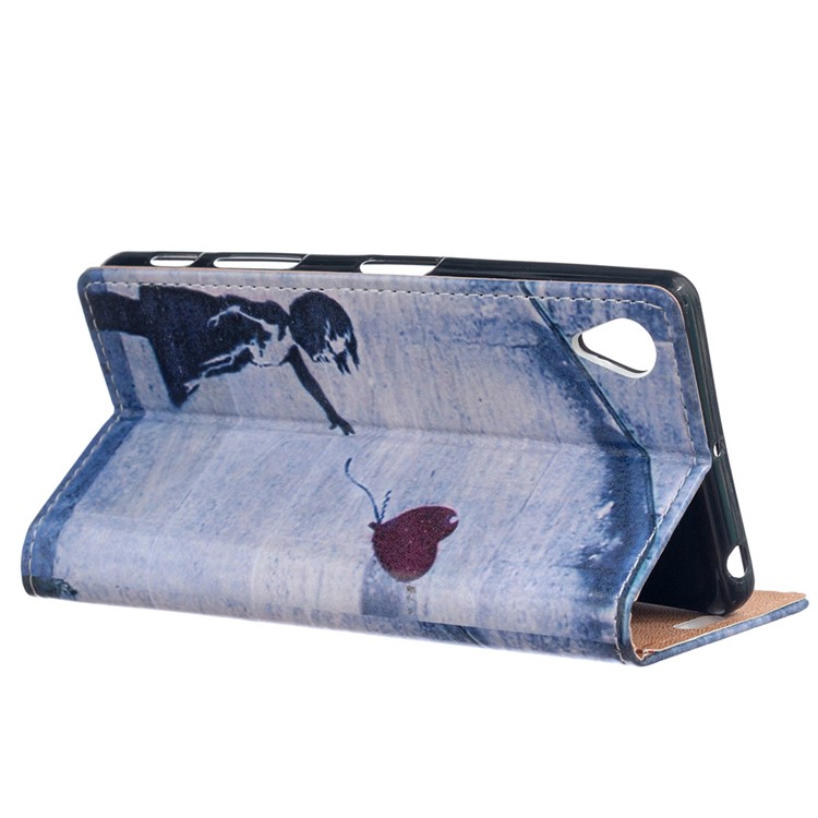 Patterned PU Leather Wallet Stand Case for Sony Xperia L1 - Retro Style Girl Releasing Balloon-3