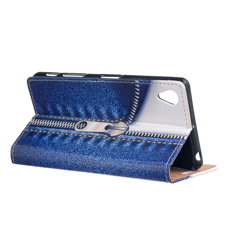 For Sony Xperia L1 Patterned Wallet Leather Case with Stand - Jeans Metal Zipper-3