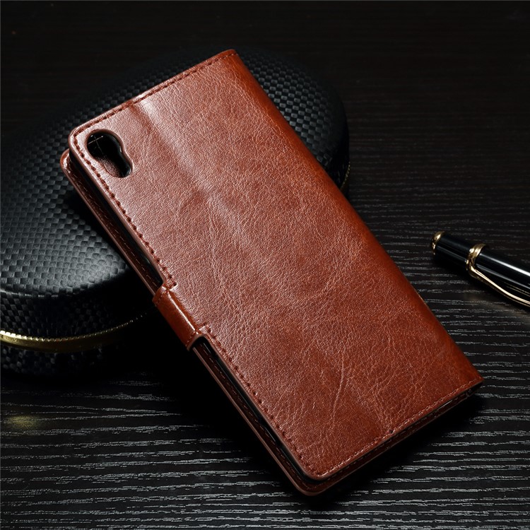 Crazy Horse Leather Wallet Case Accessory for Sony Xperia XA1 - Brown-2