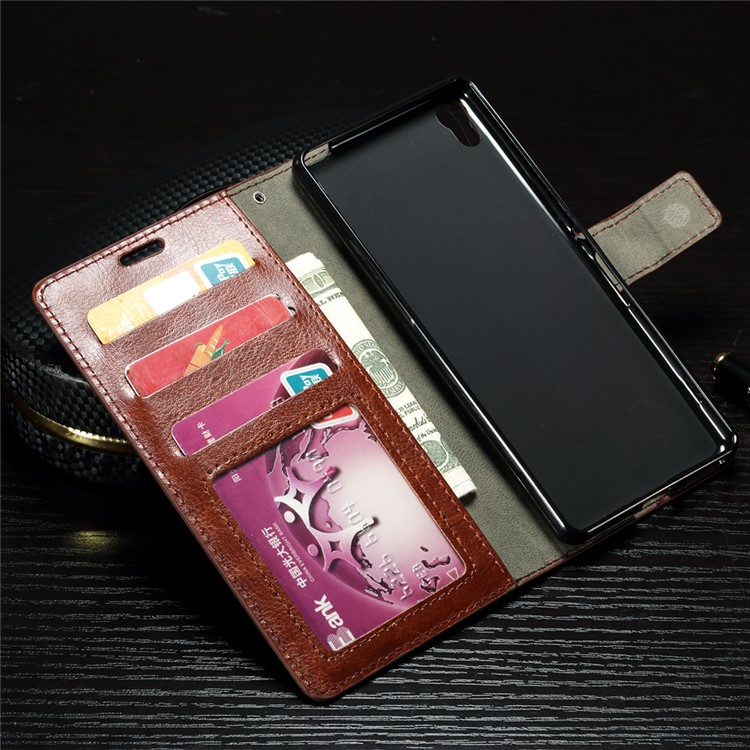 Crazy Horse Leather Wallet Case Accessory for Sony Xperia XA1 - Brown-3
