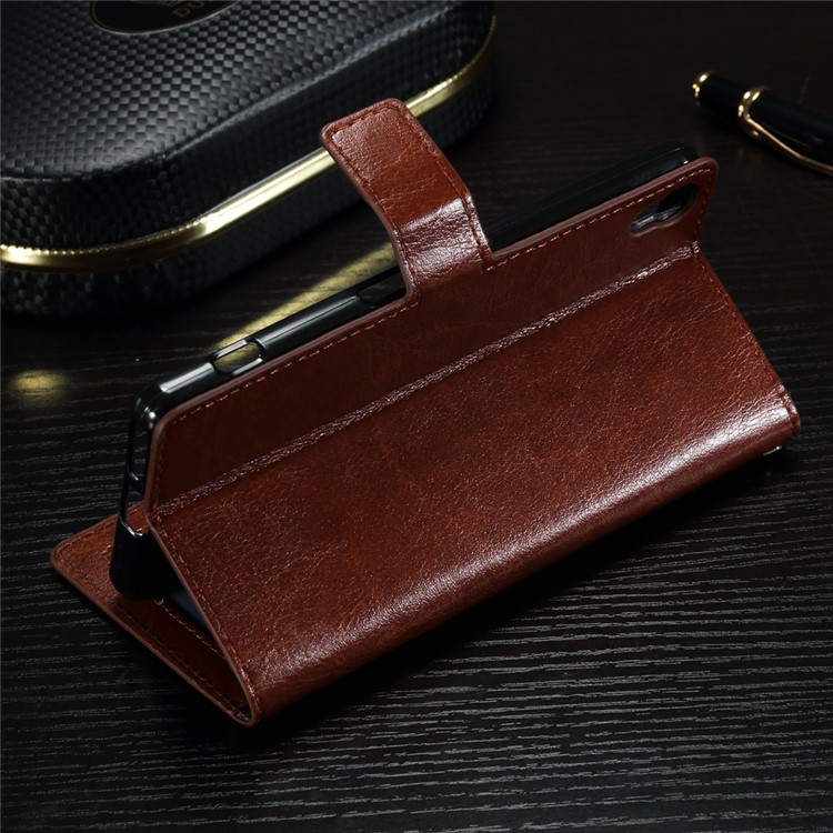 Crazy Horse Leather Wallet Case Accessory for Sony Xperia XA1 - Brown-9