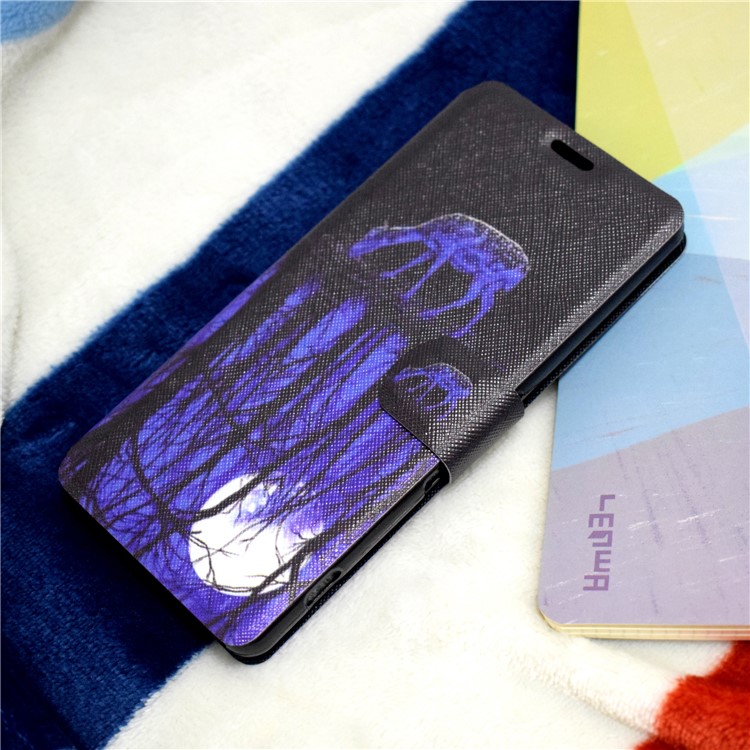 Pattern Printing Stand Card Slot Leather Phone Shell for Sony Xperia E5 - Deer and Pool Reflection-1