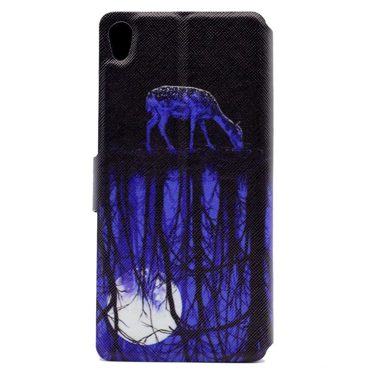 Pattern Printing Stand Card Slot Leather Phone Shell for Sony Xperia E5 - Deer and Pool Reflection-3