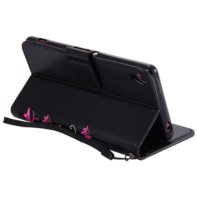 Imprint Butterfly Flower Magnetic Leather Stand Cellphone Cover for Sony Xperia XA / XA Dual - Black-9