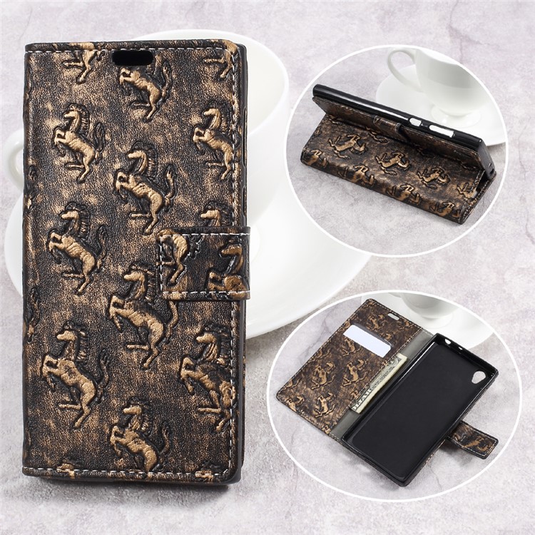 Metal Style Imprinted Leather Wallet Case with Stand for Sony Xperia L1 - Brown / Horses-1