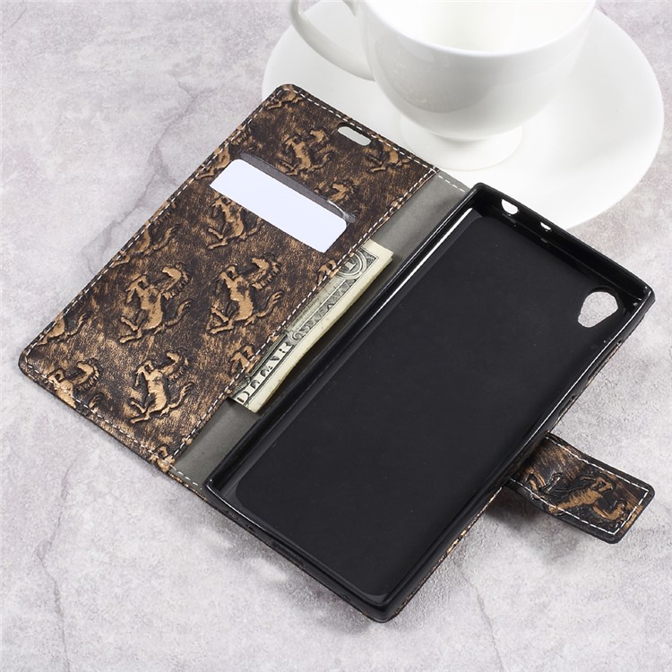 Metal Style Imprinted Leather Wallet Case with Stand for Sony Xperia L1 - Brown / Horses-10
