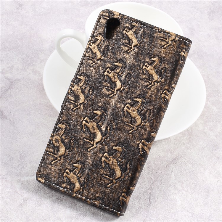 Metal Style Imprinted Leather Wallet Case with Stand for Sony Xperia L1 - Brown / Horses-2