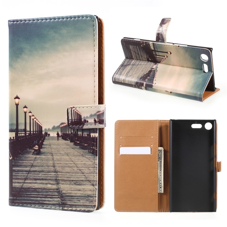 Pattern Printing Leather Wallet Case for Sony Xperia XZ Premium - Dock at Sunset-1