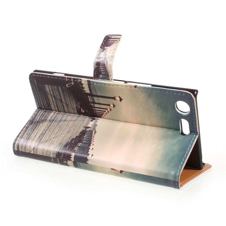 Pattern Printing Leather Wallet Case for Sony Xperia XZ Premium - Dock at Sunset-5