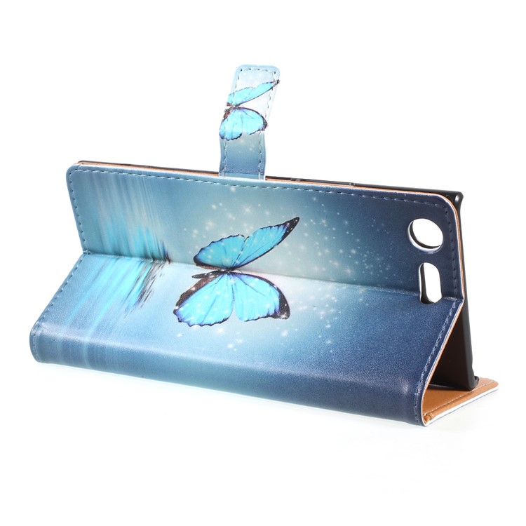 Pattern Printing Leather Stand Cover with Card Slots for Sony Xperia XZ Premium - Blue Butterfly-3