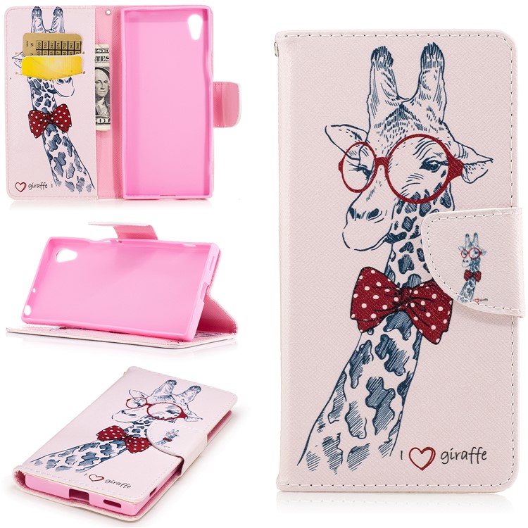 Patterned Leather Stand Mobile Casing for Sony Xperia XA1 - Giraffe Wearing Red Glasses-1