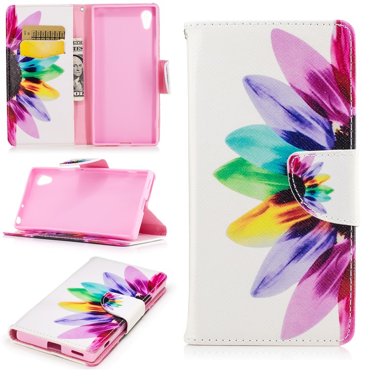 Patterned Leather Wallet Case Accessory for Sony Xperia XA1 - Colorful Sunflower-1