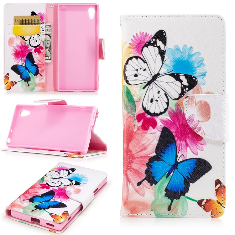 Printing Pattern Leather Wallet Mobile Case for Sony Xperia XA1 - Colorized Flowers and Butterflies-1