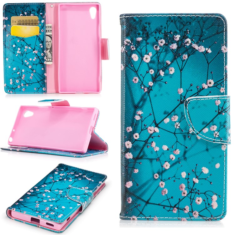 Patterned Leather Wallet Protective Cover for Sony Xperia XA1 - Pink Floret-1