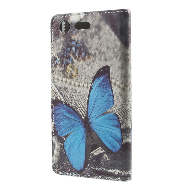 Pattern Printing Leather Card Slots Stand Folio Case for Sony Xperia XZ Premium - Blue Butterfly-3