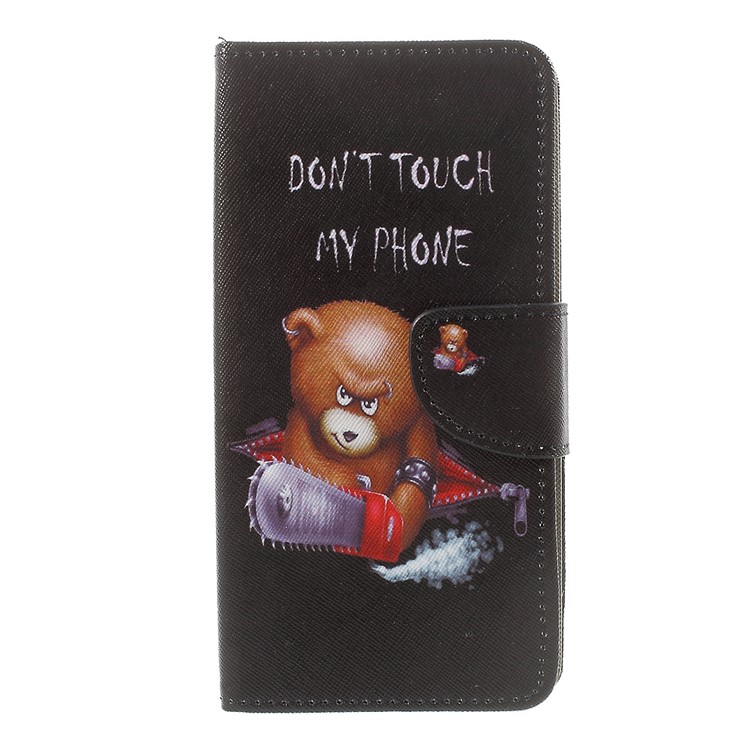 Patterned Leather Wallet Foldable Case for Sony Xperia XZ Premium - Angry Bear and Warning Words-1