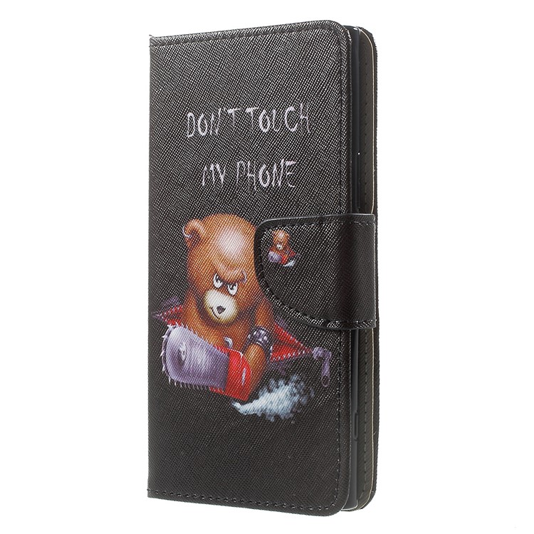 Patterned Leather Wallet Foldable Case for Sony Xperia XZ Premium - Angry Bear and Warning Words-2