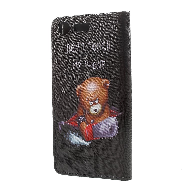 Patterned Leather Wallet Foldable Case for Sony Xperia XZ Premium - Angry Bear and Warning Words-3